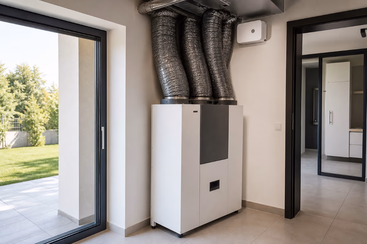 Bijeli uređaj za ventilaciju s četiri sive izolirane cijevi postavljen je u kutu moderne prostorije uz staklena vrata ko