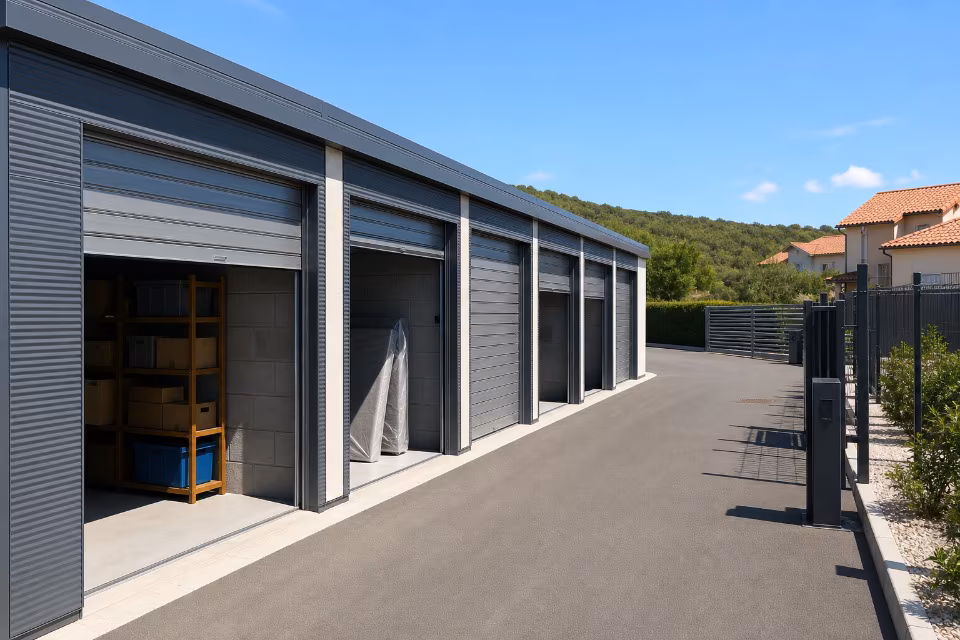 Savremeni self storage objekti sa roletama i sigurnosnim vratima, gde lokacija i zaštita utiču na cenu skladištenja.