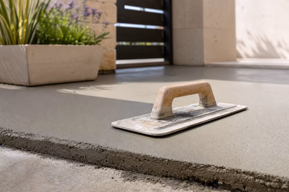 Betonska lopatica s drvenom ručkom na sveže ravnanom betonu, s posudom za biljke u pozadini.