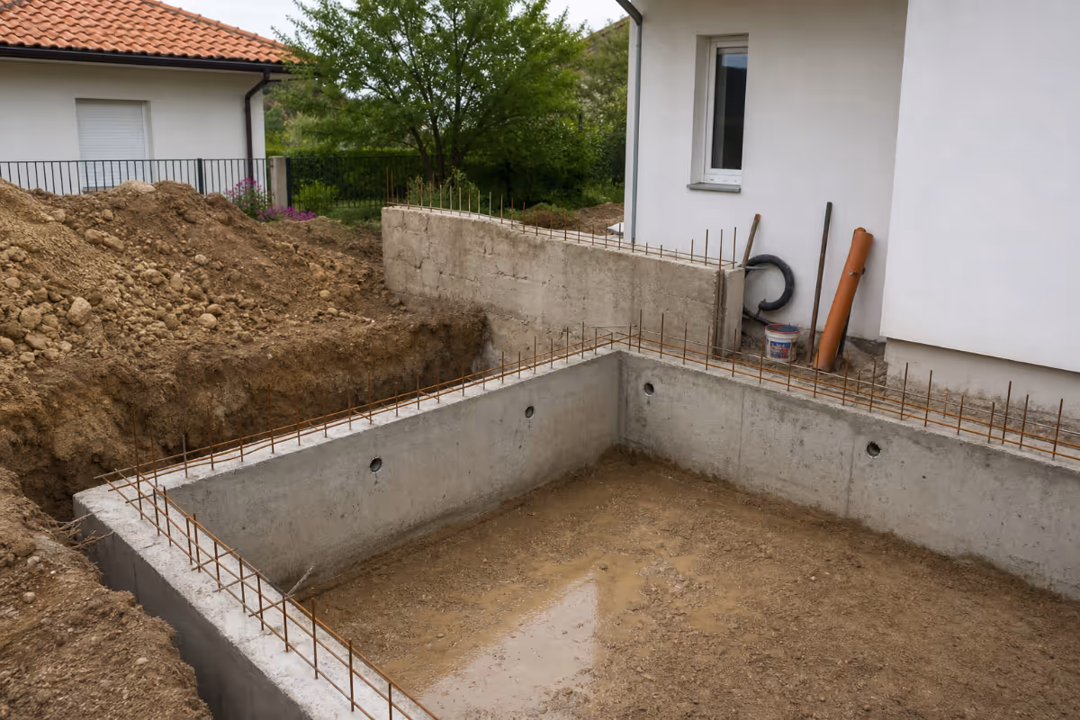 Gradbišče kleti z vidljivo oblogo, armaturo in svežim betonom – materiali in orodje