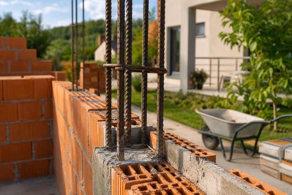 Detalj gradilišta: zid od crvene opeke s izvedenim armiranim betonskim stupom i rebranim čelikom.
