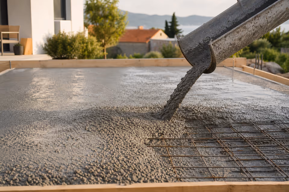 Lijevanje tekućeg betona iz cijevi na armaturnu mrežu temeljne ploče.