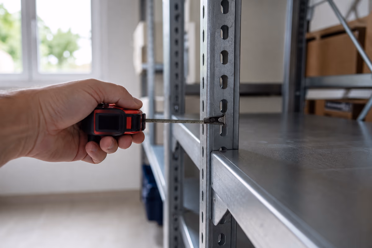 Ruka meri metalnu policu u skladištu, ilustrirajući kako tačno merenje prostora smanjuje troškove self storage usluga.