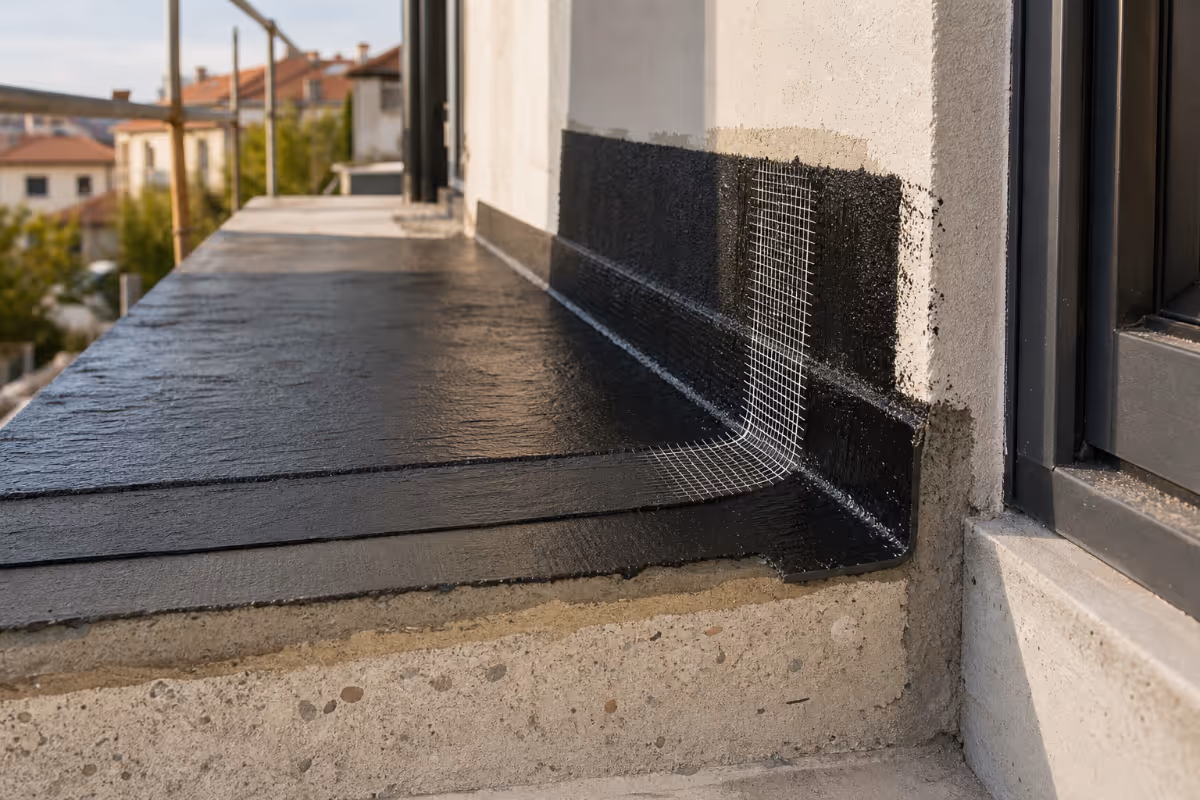Presjek slojeva hidroizolacije na rubu betonskog balkona: podloga, prajmer, tekuća membrana i armaturna tkanina uz zid.