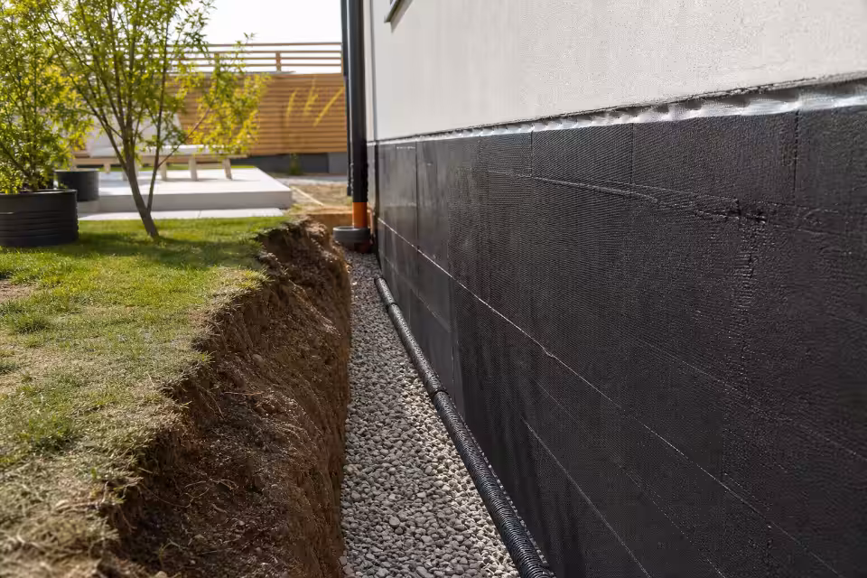 Iskopan rov uz temeljni zid s hidroizolacijom i drenažnom cevi.