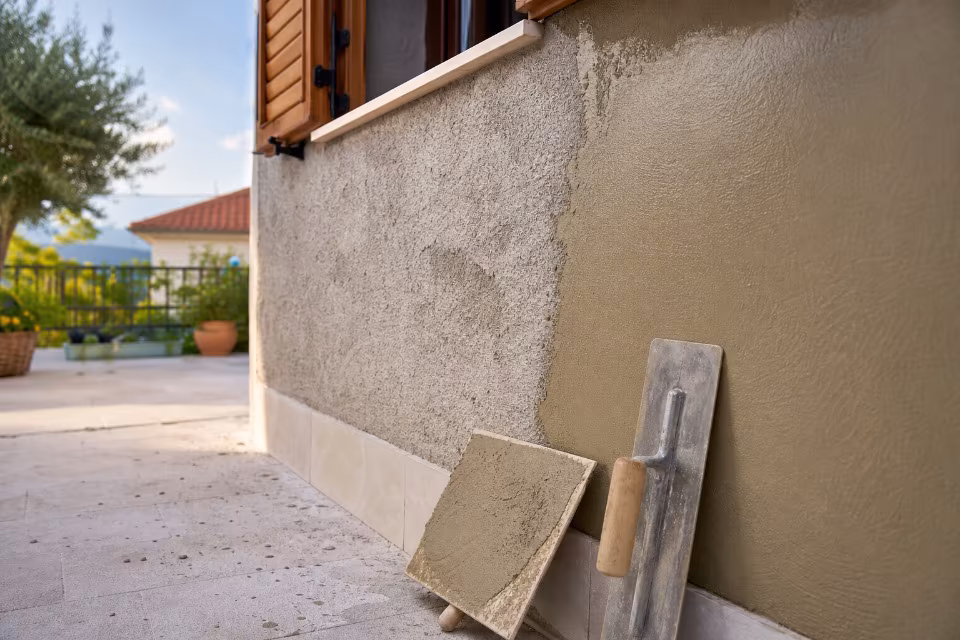 Svježe nanesena vapneno-cementna žbuka na vanjskom zidu kuće