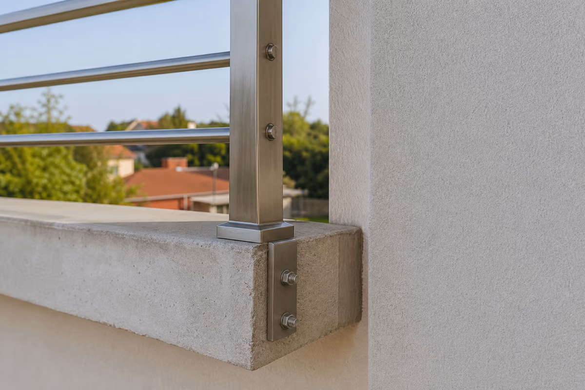 Detalj nehrđajućeg ograde na betonskom balkonu s vidljivim vijcima i zavrtnjima, pozadina pokazuje zelenilo i krovove ku