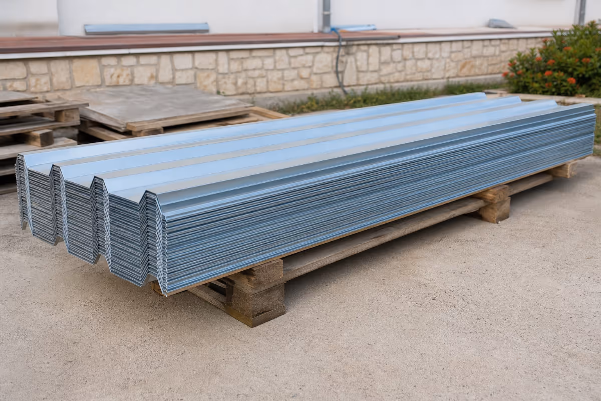 Stog galvaniziranih trapeznih limova za krov na paleti, spreman za montažu