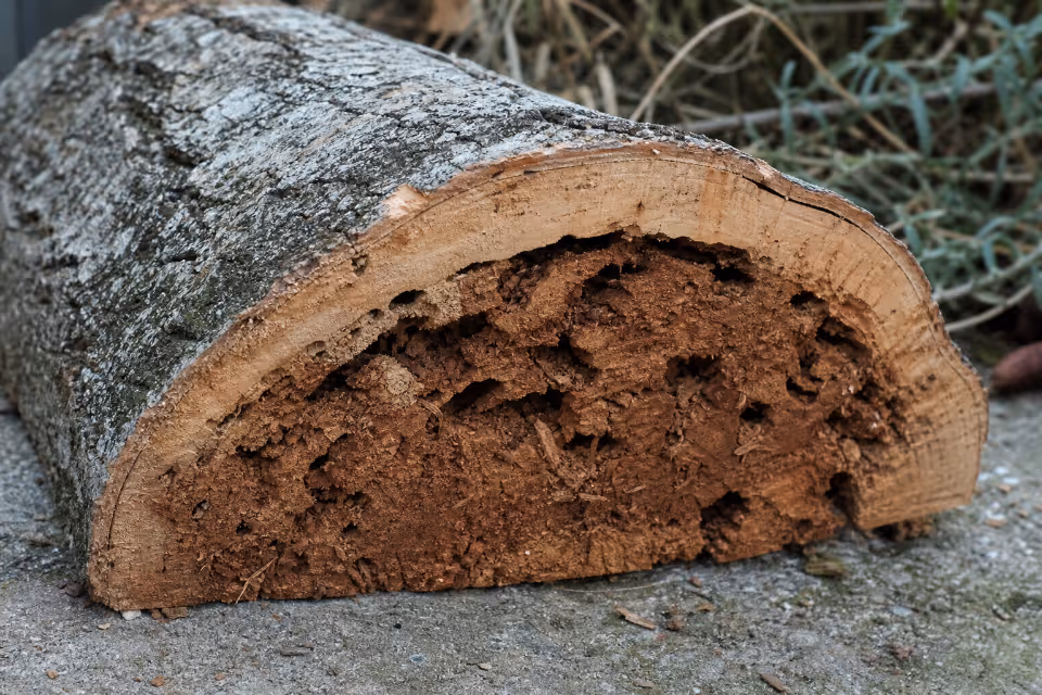 Prsek trulog debla s izjedenim središtem, verovatno od insekata, na betonskoj podlozi.