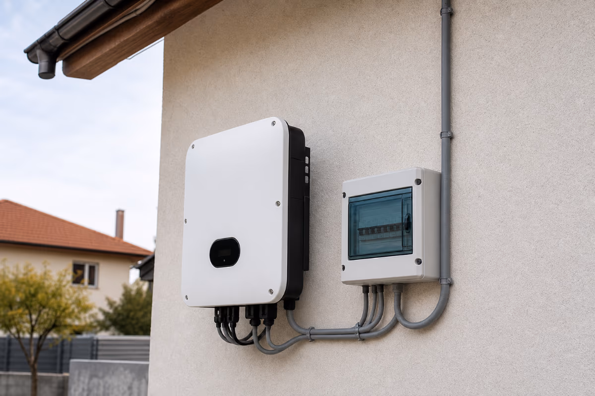 Solarni izmjenjivač i razvodni ormarić pričvršćeni su na vanjski zid kuće tijekom ugradnje kućne solarne elektrane.