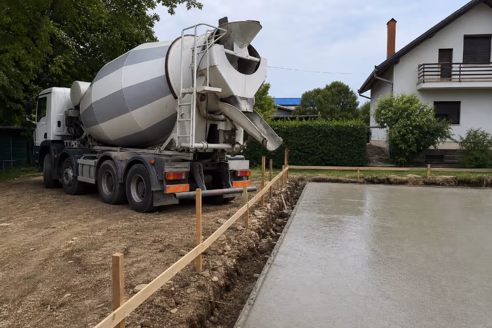 Cementni kamion slijeva svježi beton u kalup za temelj kuće na gradilištu.