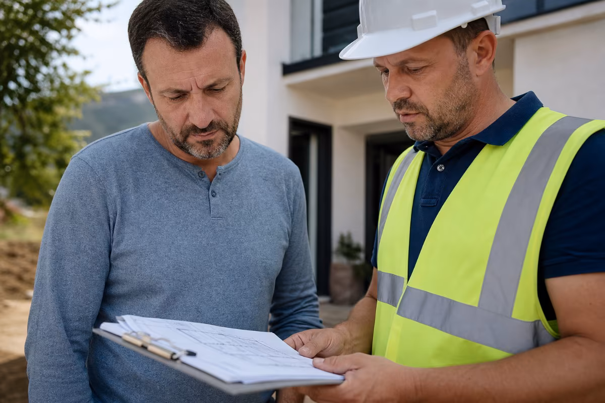 Klijent i majstor pregledavaju pisanu ponudu i planove na gradilištu
