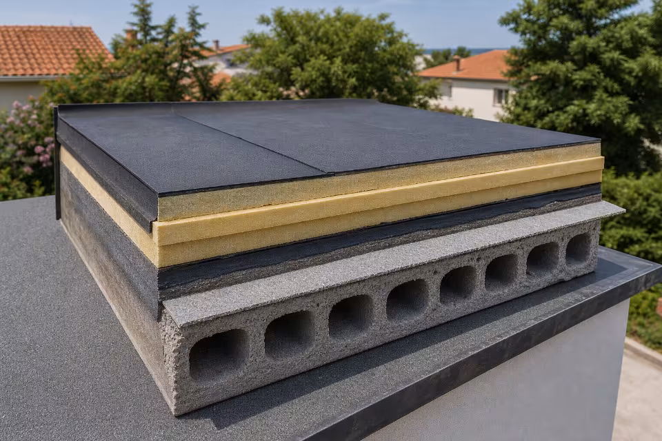 Presjek krovnog sustava s izolacijom, hidroizolacijom i betonskim blokovima postavljen na terasi s pogledom na kuće i dr