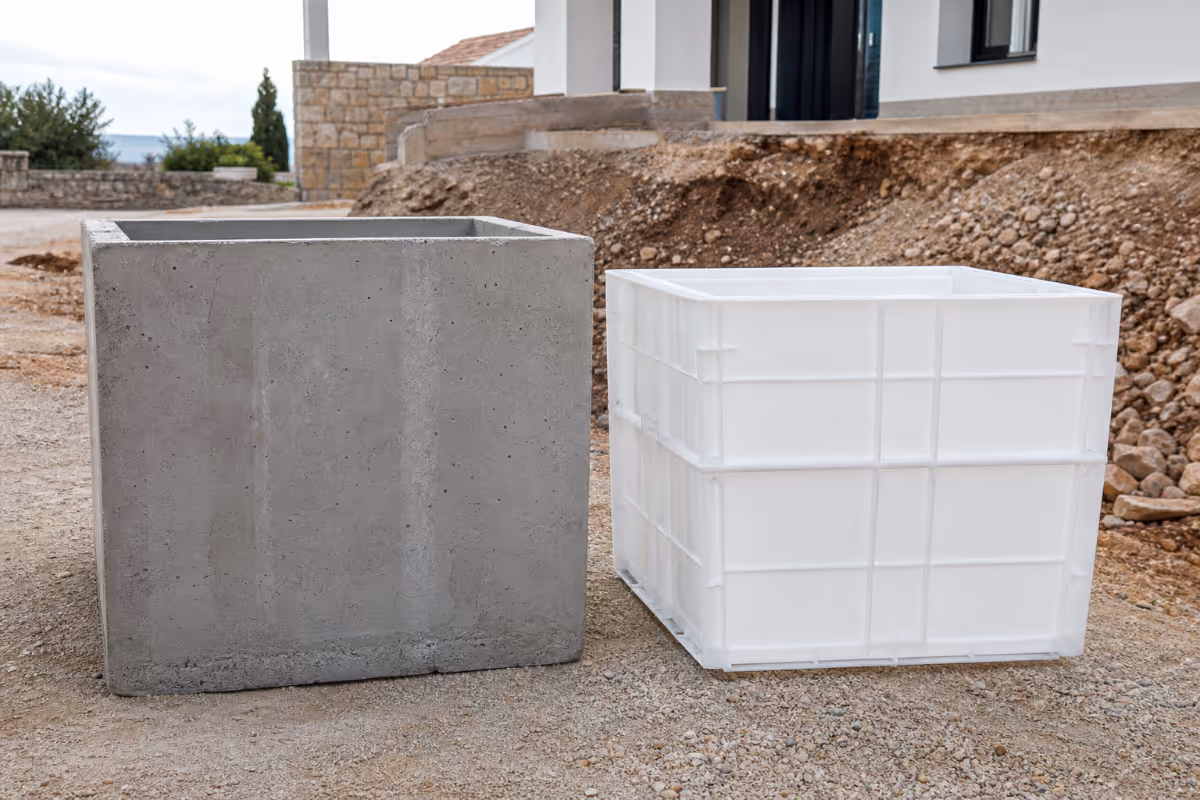 Betonski i plastični podrumski prozori za ugradnju, prikazujući razliku u materijalima, težini i trajnosti za zaštitu objekta