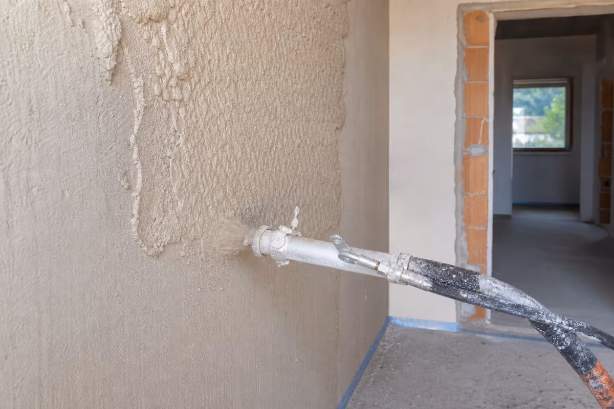 Radnik nanosi strojno žbukanje na zid tokom adaptacije stana