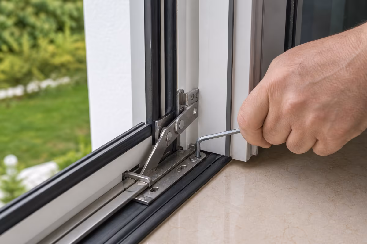 Detalj ruke koja podešava vijak na okovu PVC prozora
