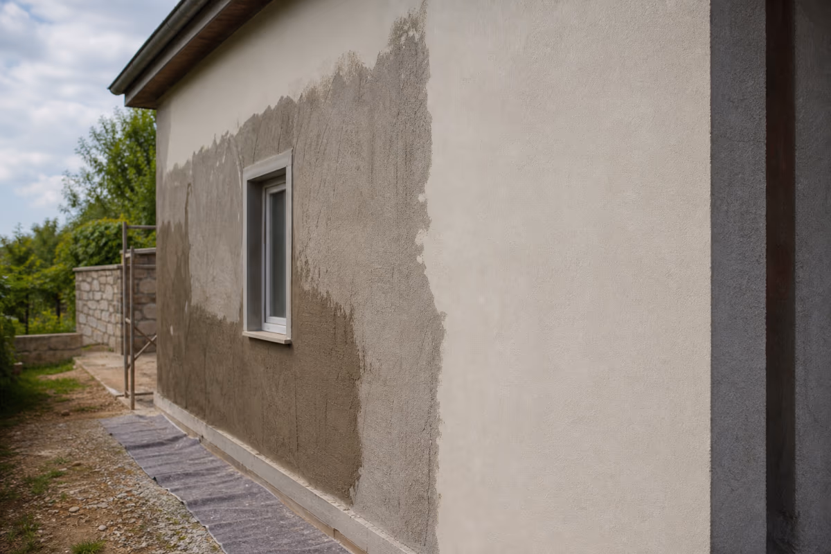 Radnik nanosi strojno žbukanje na zid tokom adaptacije stana — materijali i alat