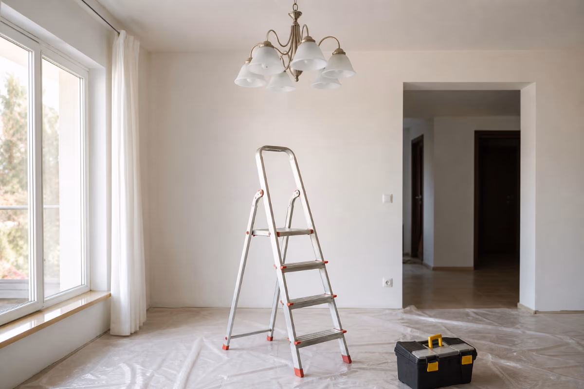 Soba u renoviranju s bijelim zidovima, aluminijskim stepenicama, alatnom kutijom i zaštitnom folijom na podu ispod luste