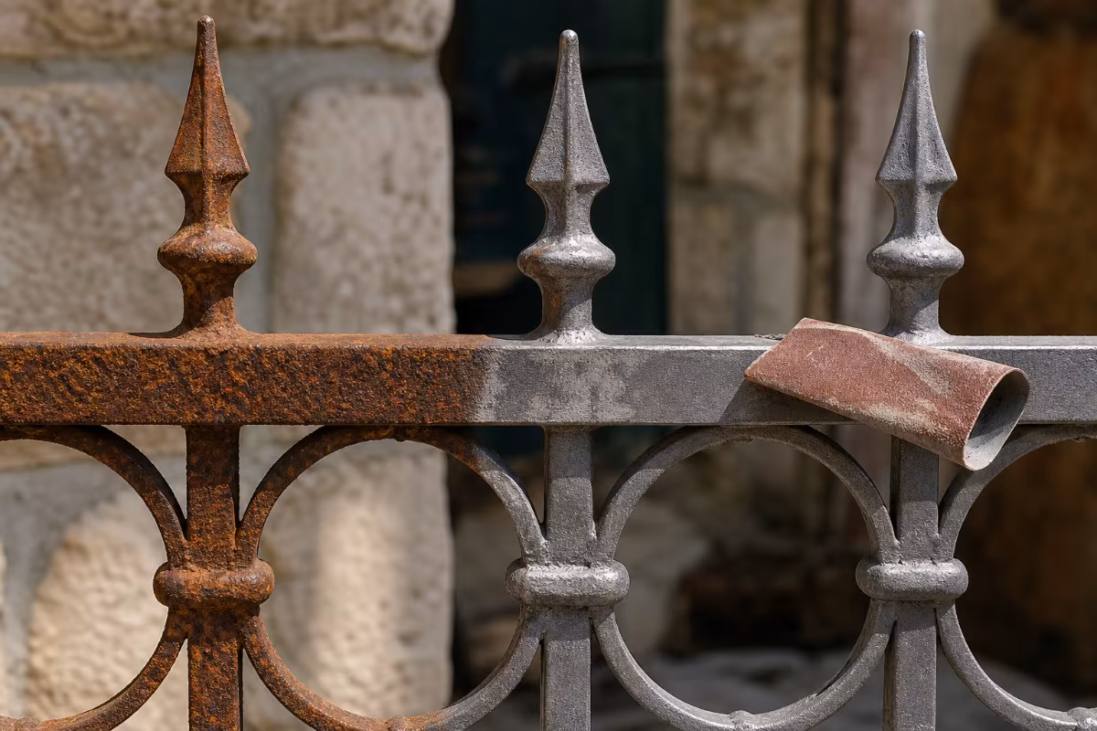 hrđavi kovanog željeza ogradni element, polovica brušena do čistog metala