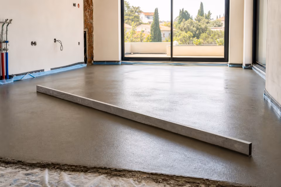 Svježe izliven i poravnan cementni estrih u prostoriji u izgradnji