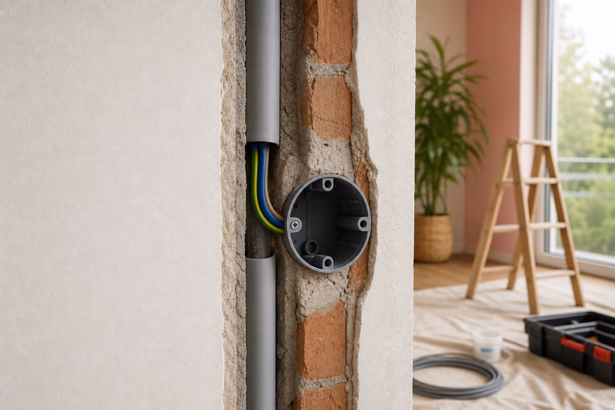 Presek stenske električne napeljave: omet, cev, kabel in razdelilna doza.