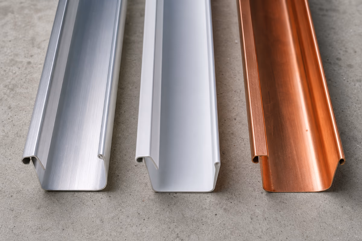 Poređenje presjeka oluka od aluminija, PVC-a i bakra na neutralnoj podlozi.