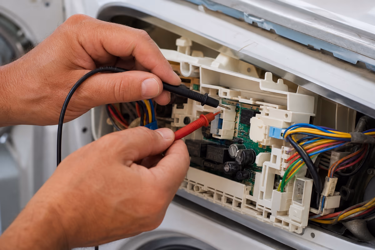 Tehničar provodi preciznu dijagnostiku kvara na elektronici aparata, ključni korak za procjenu isplativosti popravka.