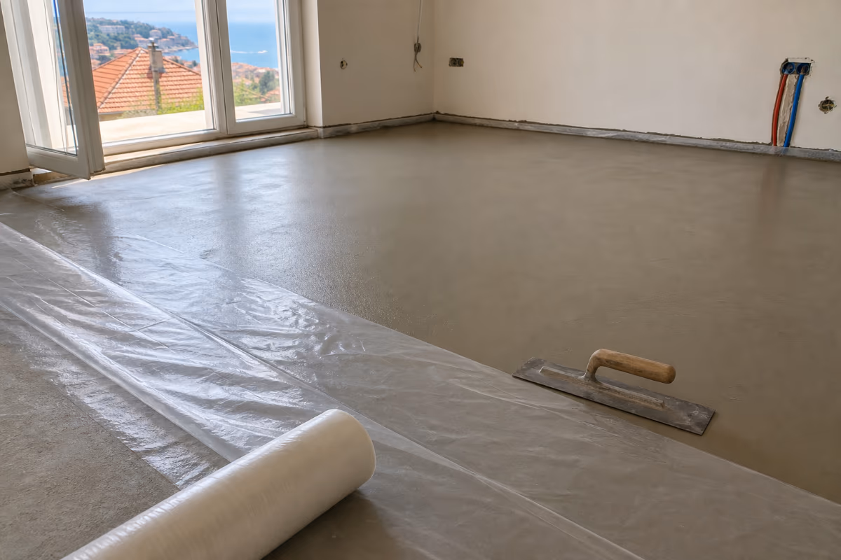Soba u izgradnji s glatkom samonivelirajućom podlogom, valjkom folije i zidnim krpilom.