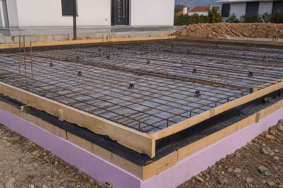 Armiranobetonska temeljna ploča s armaturom, hidroizolacijom i toplinskom izolacijom za dogradnju kuće
