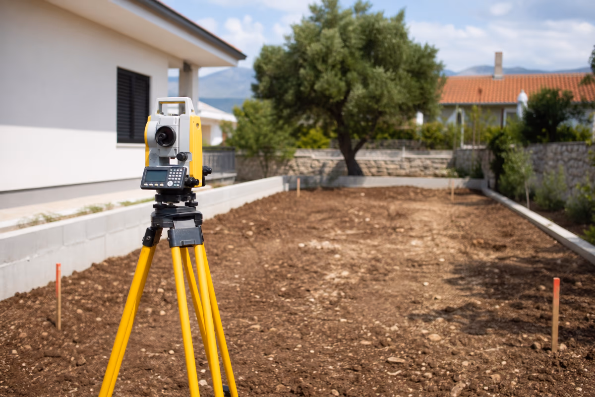 Geodeta sa totalnom stanicom na građevinskom lokalitetu — detalj izvedbe