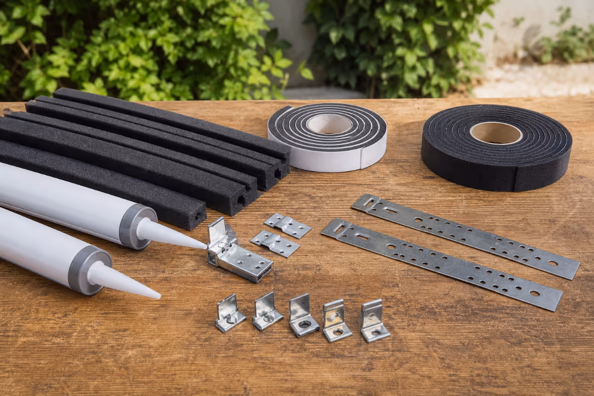 Komplet za montažu prozora na drvenom stolu: silikonski kit, brtve, metalni nosači i šarke.