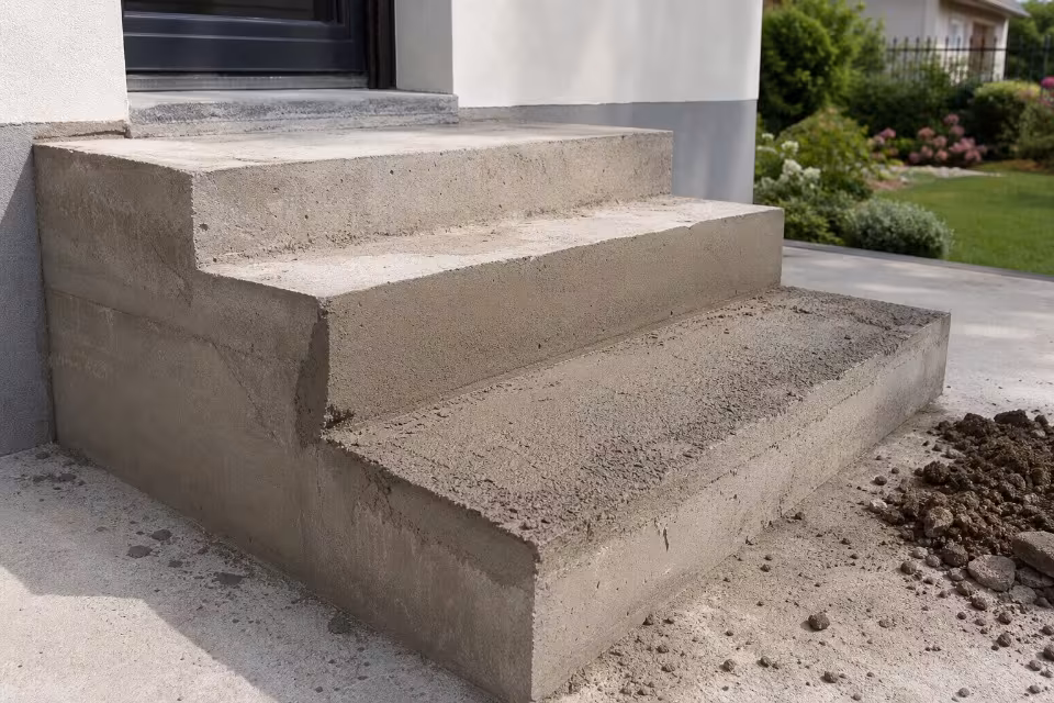 Sveže izliveni betonski stubovi vode do ulaza u kuću, s vidljivim tragovima rada i zemljom oko njih.
