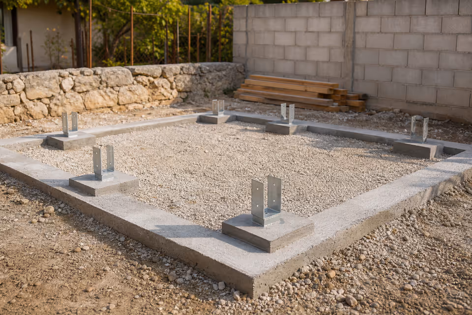 Betonski temelji s metalnim sidrima za montažu konstrukcije na pripremljenoj šljunčanoj podlozi.