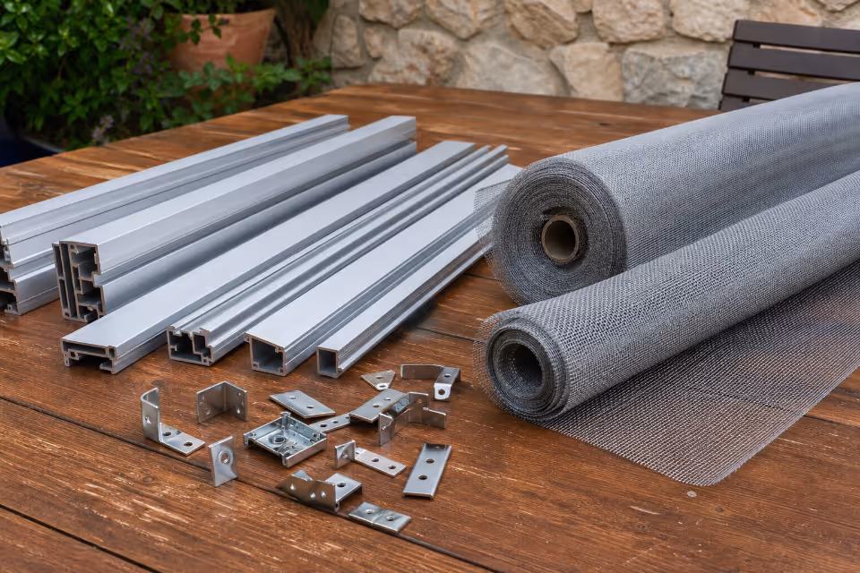 Aluminijski profili, mrežice i pribor za izradu komarnika na prozore prikazani na drvenom stolu.