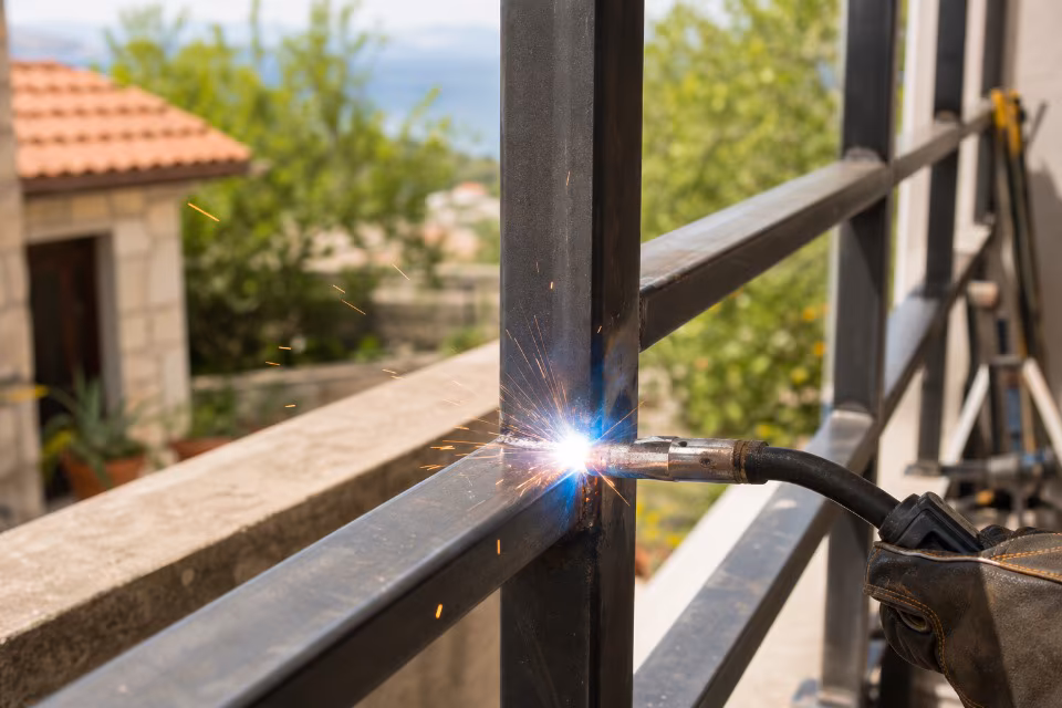 Bravar zavaruje crnu metalnu ogradu na otvorenom balkanu, a ne u radionici.