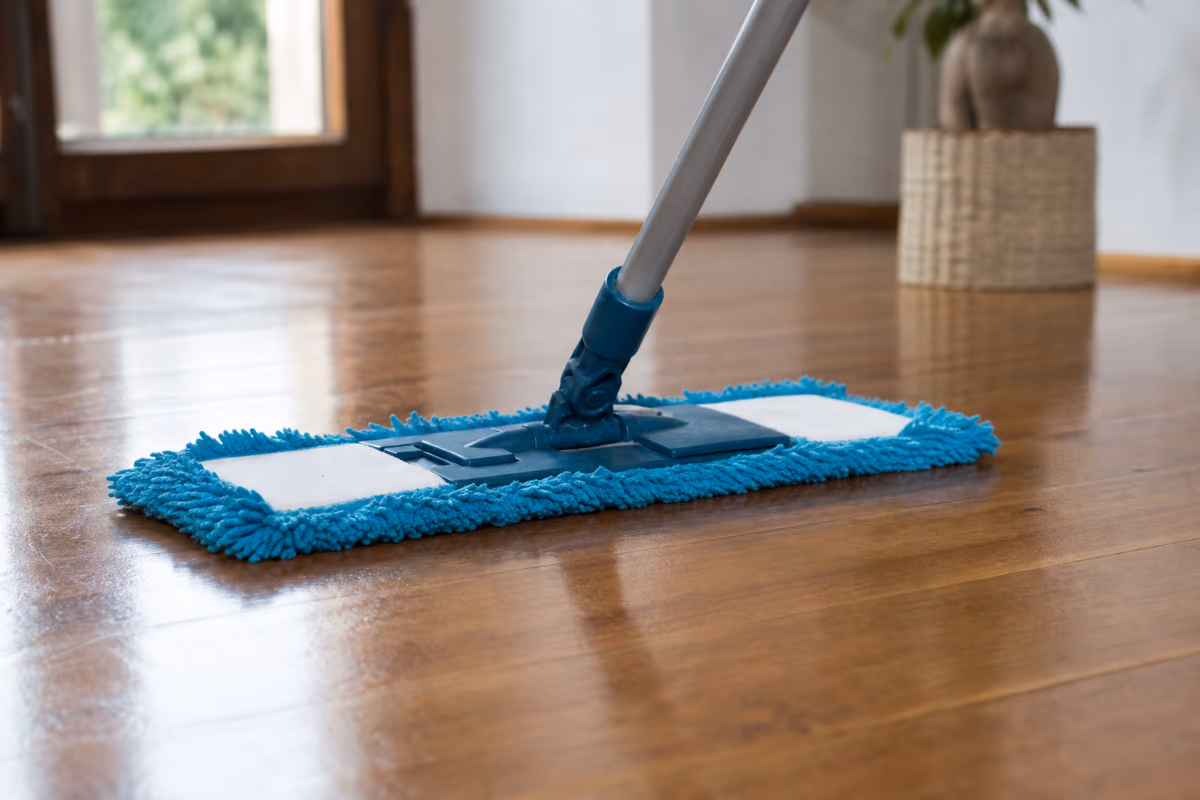 Plavi mikrofiber mop na sjajnom drvenom podu, simbol pravilne tehnike i opreme za trajnu čistoću