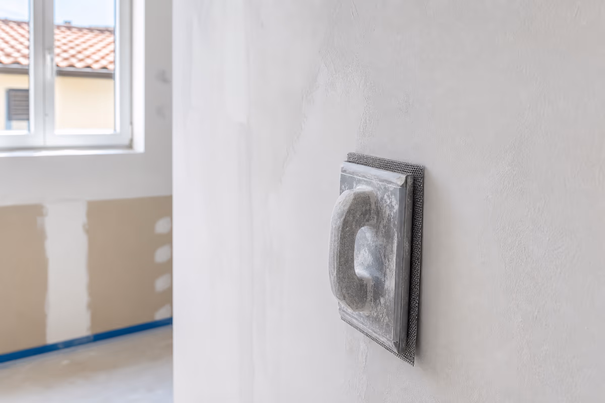 Metalna gleterska lopatica s drškom oslonjena na bijeli zid u prostoriji koja se renovira.
