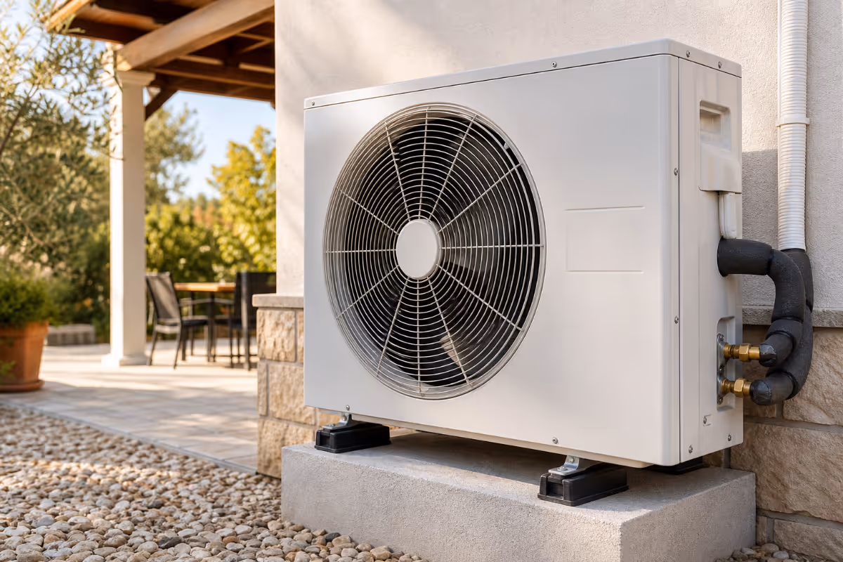 Detalj ventilatora i izoliranih cijevi vanjske jedinice dizalice.