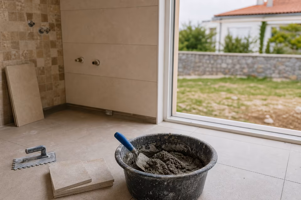 Mojster in lastnik hiše pregledujeta pogodbo in načrte na gradbišču – širši prikaz