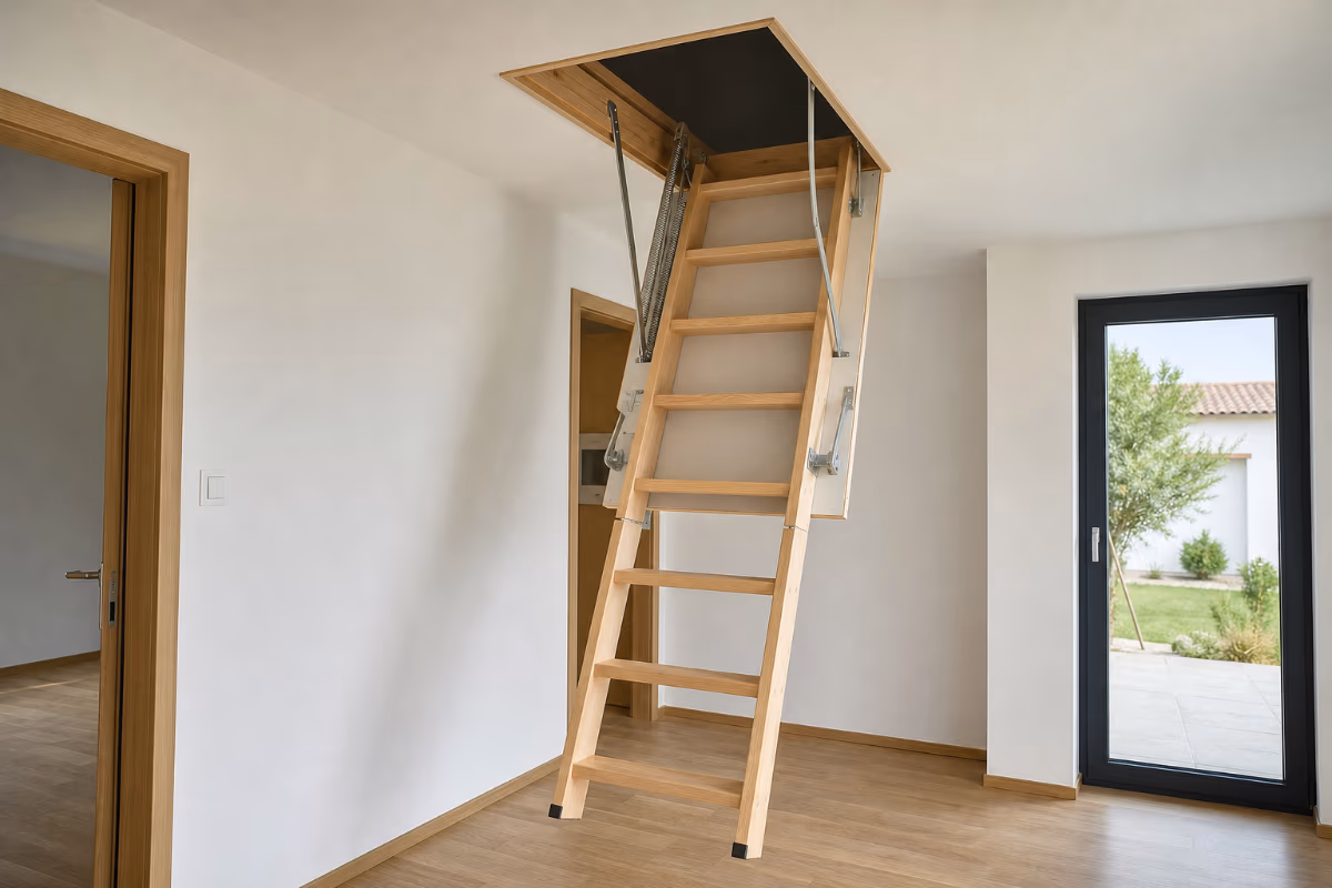 Drvene krovne ljestve spuštene iz otvorenog proreza u stropu moderne sobe s bijelim zidovima i drvenim podom.