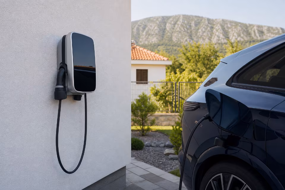 Crni električni automobil se puni na zidnoj punjačkoj stanici u dvorištu kuće s planinskim pejzažom u pozadini.