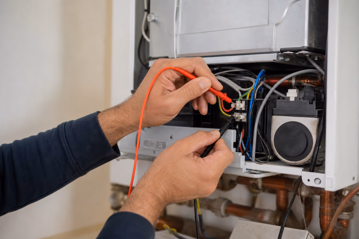 Tehničar mjeri napon multimetrom na električnim priključcima unutar otvorenog kućišta plinskog bojlera.