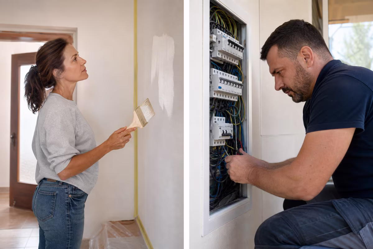Osoba s alatom u ruci promatra zid, dok u pozadini majstor radi na instalacijama