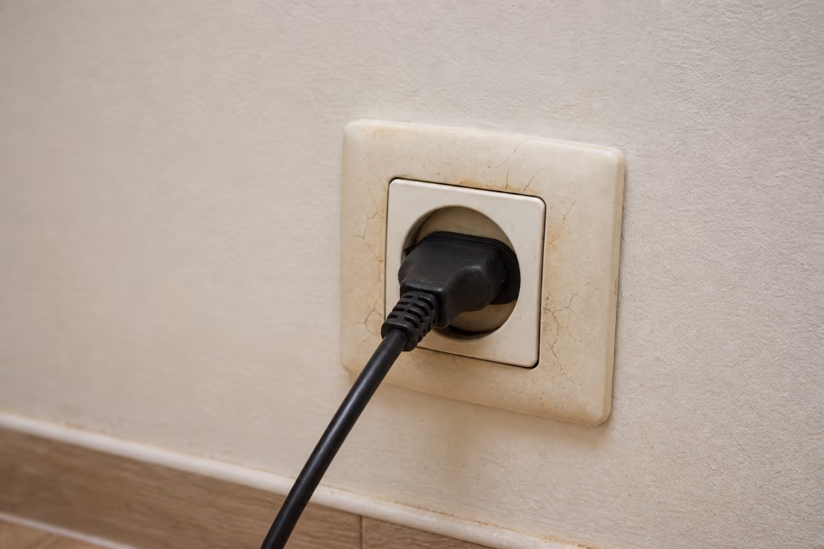 Blizu prikaz blago obojenog električnog utičnice s vidljivim pukotinama i čvrsto priključenim kablom.