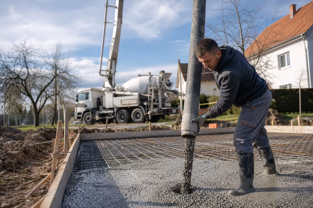 Delavci v zaščitni opremi izlivajo beton za temeljno ploščo na gradbišču