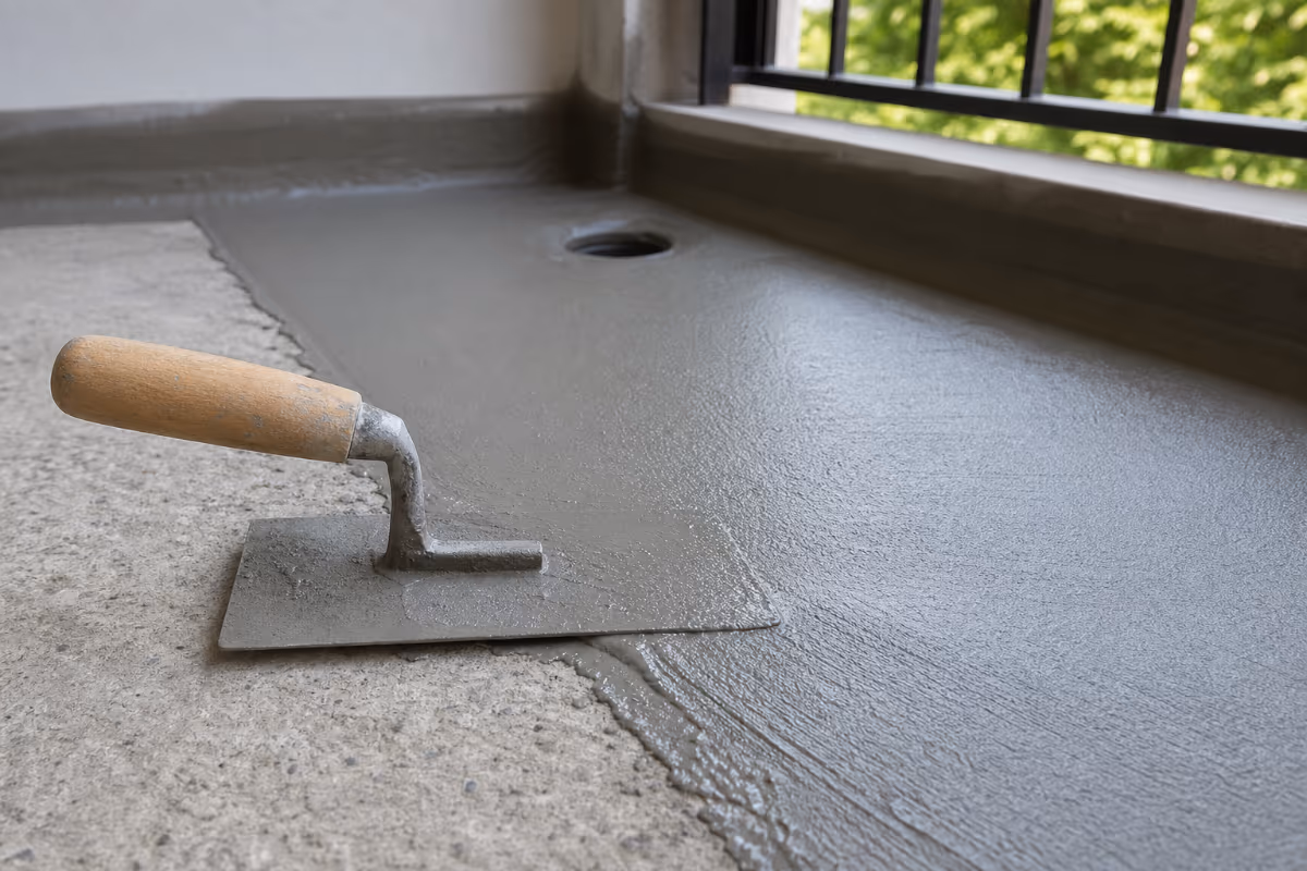 Fugirka za žbukanje leži na svježe nanesenoj sivoj hidroizolacijskoj mješavini na betonskoj podlozi blizu prozora.