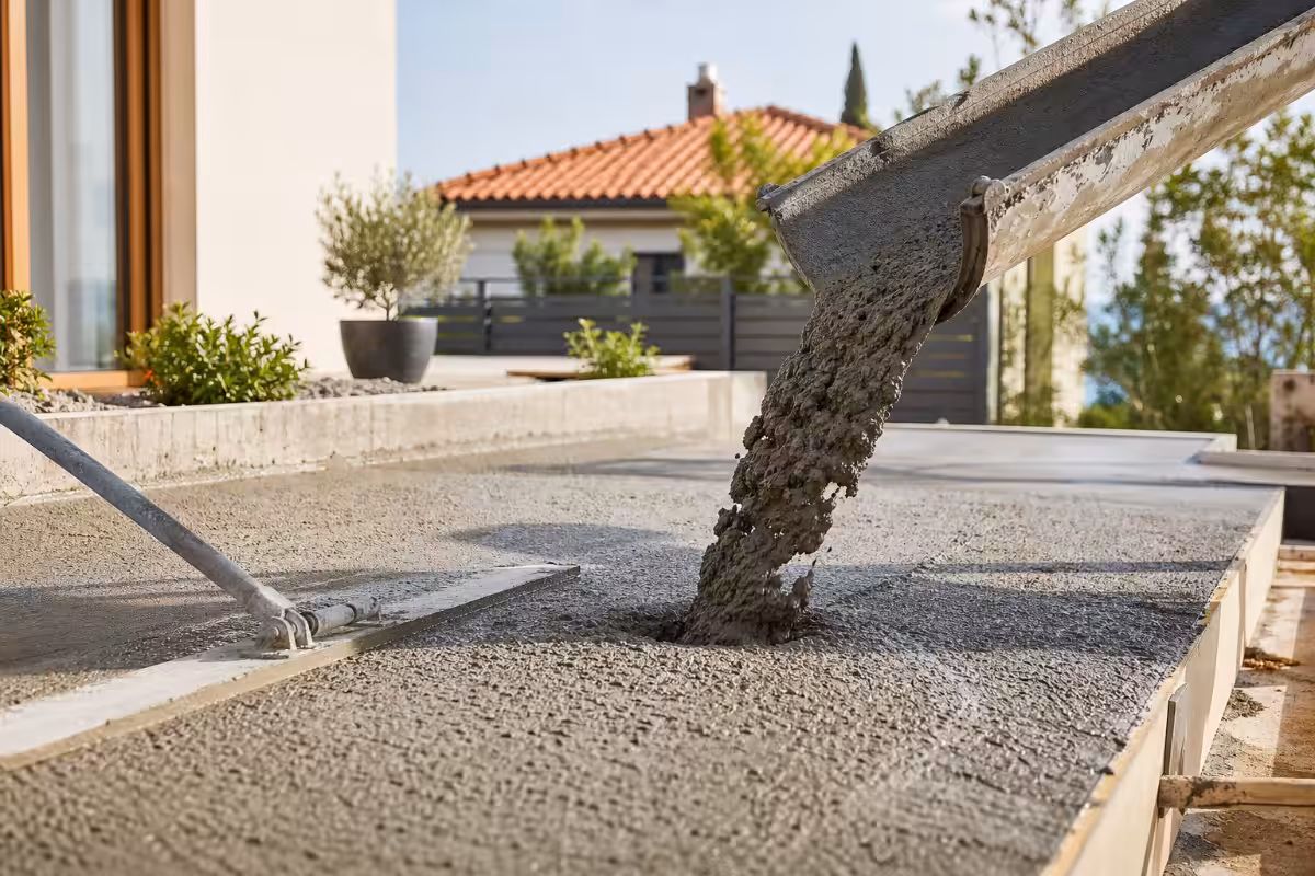 Svježi beton ugrađuje se i poravnava u armiranu oplatu temelja kuće na gradilištu.