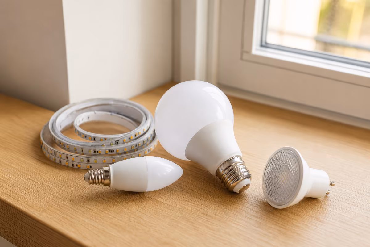 različite moderne LED sijalice: matna kugla E27, svijeća E14 i reflektor GU10