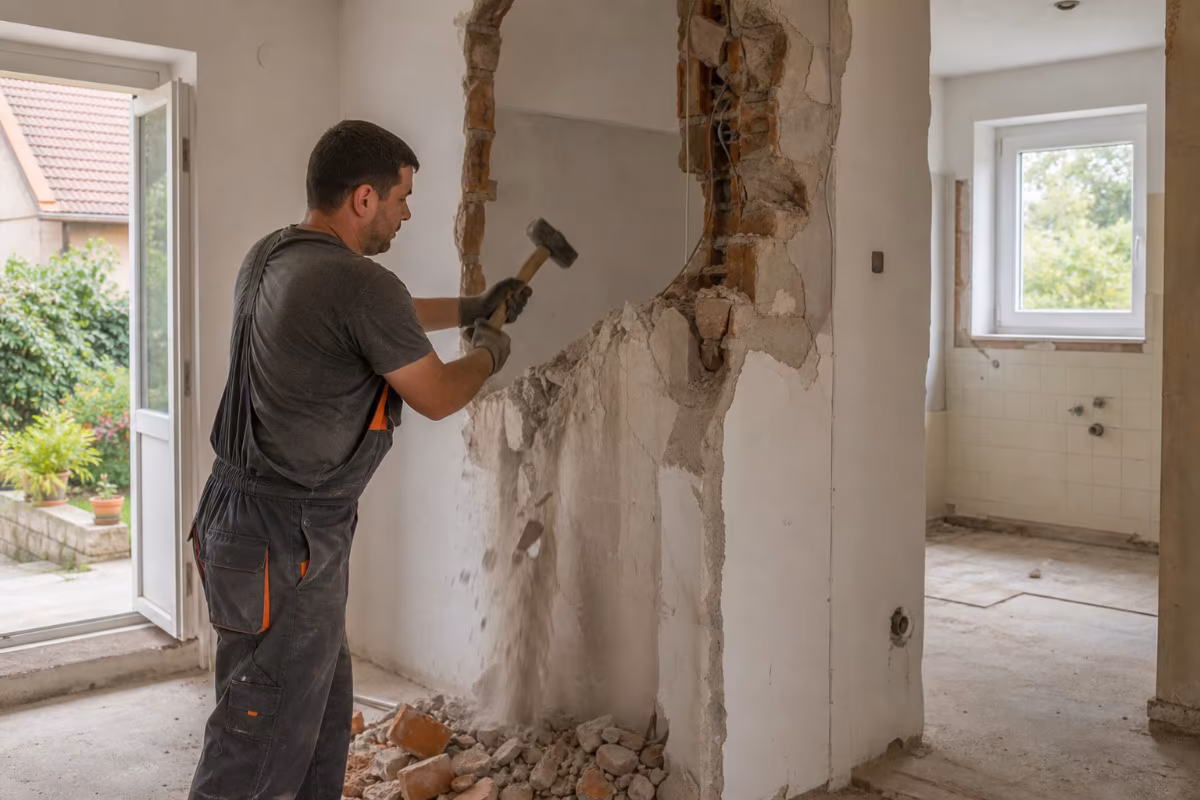 Radnik ruši pregradni zid čekićem u stanu tokom adaptacije