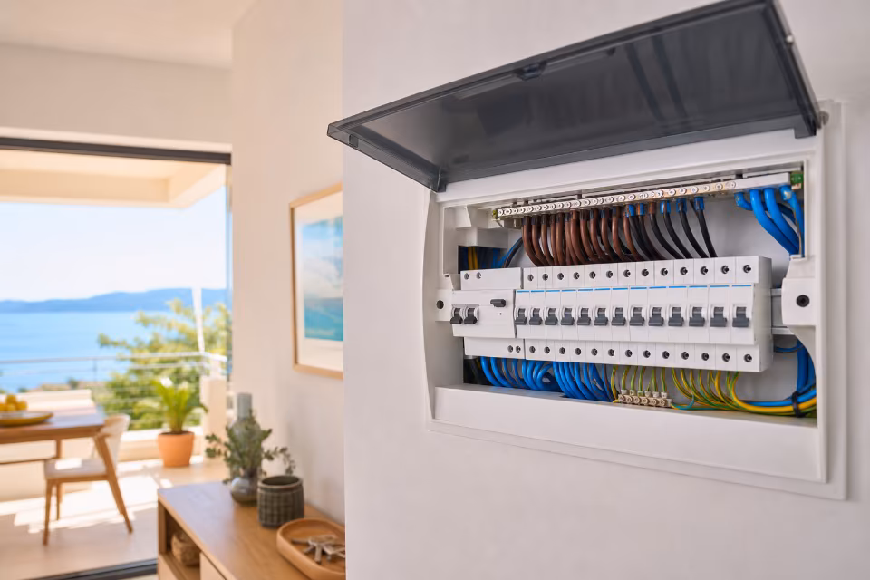 Otvoreni kućni elektroormarić s nizom automatskih osigurača i urednim ožičenjem